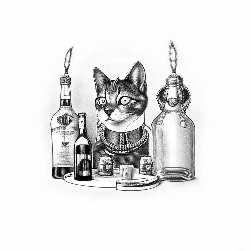 A black-grey tattoo of a cat wearing a punk spiked collar, sitting on a poker table with bottles of alcohol tattoo design idea