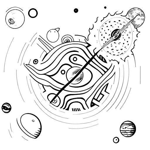 a black hole eating several planets and from which a ship comes out tattoo design idea