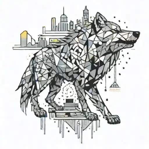 An abstract design of a wolf made up of pixelated gaming symbols, set against a backdrop of a city skyline at night with neon lights and music notes scattered throughout tattoo design idea