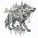 An abstract design of a wolf made up of pixelated gaming symbols, set against a backdrop of a city skyline at night with neon lights and music notes scattered throughout tattoo design idea
