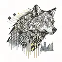 An abstract design of a wolf made up of pixelated gaming symbols, set against a backdrop of a city skyline at night with neon lights and music notes scattered throughout tattoo design idea