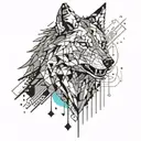 An abstract design of a wolf made up of pixelated gaming symbols, set against a backdrop of a city skyline at night with neon lights and music notes scattered throughout tattoo design idea