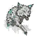 An abstract design of a wolf made up of pixelated gaming symbols, set against a backdrop of a city skyline at night with neon lights and music notes scattered throughout tattoo design idea
