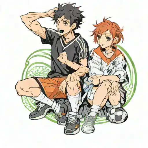 black curly hair boy next to short red haired girl haikyu tattoo design idea