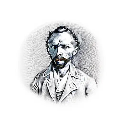 A realistic portrait of Van Gogh holding a paintbrush with the Starry Night as the backdrop tattoo design idea