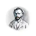 A realistic portrait of Van Gogh holding a paintbrush with the Starry Night as the backdrop tattoo design idea