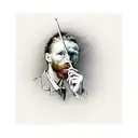 A realistic portrait of Van Gogh holding a paintbrush with the Starry Night as the backdrop tattoo design idea