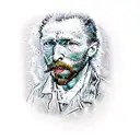 A realistic portrait of Van Gogh holding a paintbrush with the Starry Night as the backdrop tattoo design idea