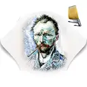 A realistic portrait of Van Gogh holding a paintbrush with the Starry Night as the backdrop tattoo design idea