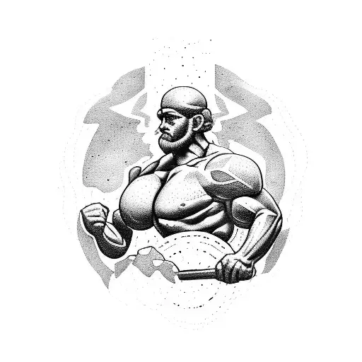 A creative tattoo of a soldier doing push-ups with the image of Sisyphus in the background, representing the never-ending struggle and determination in both physical training and the mythological story tattoo design idea