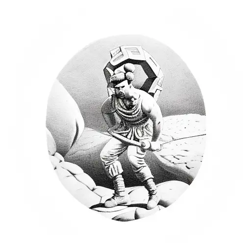 A creative tattoo of a soldier doing push-ups with the image of Sisyphus in the background, representing the never-ending struggle and determination in both physical training and the mythological story tattoo design idea
