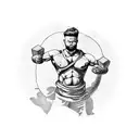 A creative tattoo of a soldier doing push-ups with the image of Sisyphus in the background, representing the never-ending struggle and determination in both physical training and the mythological story tattoo design idea