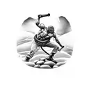 A creative tattoo of a soldier doing push-ups with the image of Sisyphus in the background, representing the never-ending struggle and determination in both physical training and the mythological story tattoo design idea
