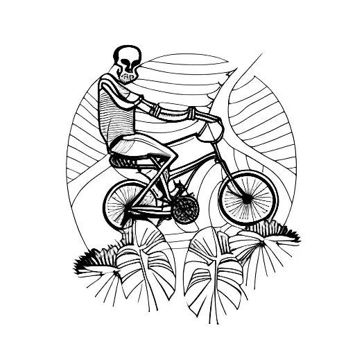 Minimalist "Skull With Palm Trees And Cyclist" Tattoo Idea BlackInk AI