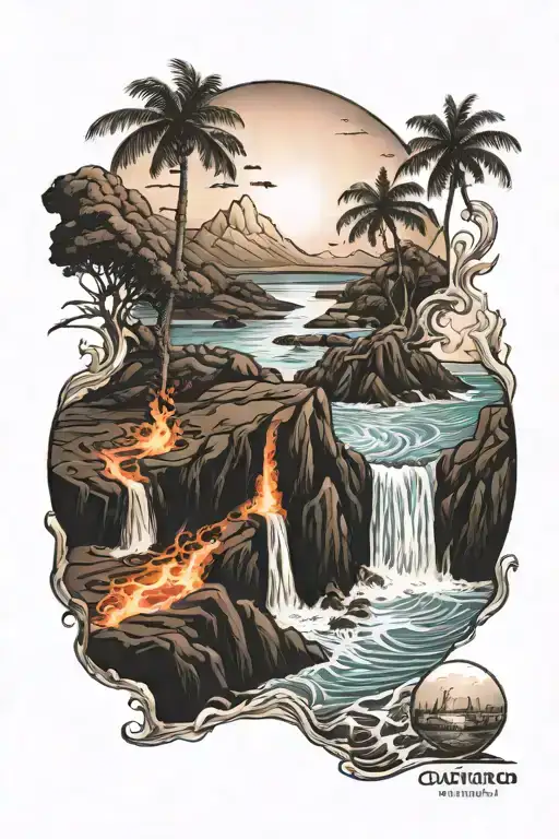 lava flowing along beautiful beach sunset scene tattoo design idea