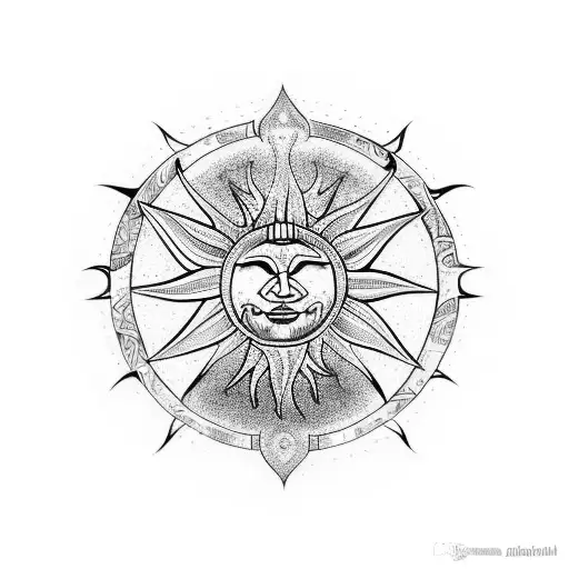 Taurus in Moaui style with pagan symbols like the sun cross or tree of life, and elements of Lithuanian nature tattoo design idea