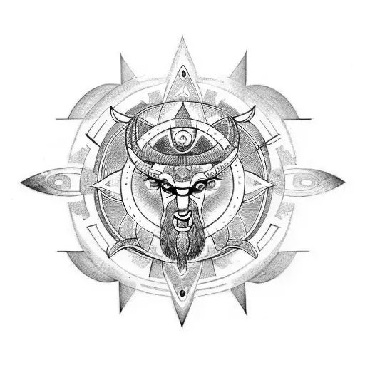 Taurus in Moaui style with pagan symbols like the sun cross or tree of life, and elements of Lithuanian nature tattoo design idea