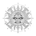 Taurus in Moaui style with pagan symbols like the sun cross or tree of life, and elements of Lithuanian nature tattoo design idea