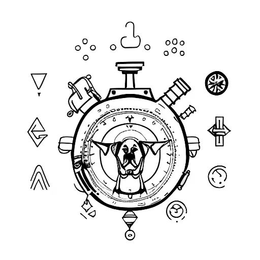 A dog with a compass and a hiking backpack tattoo design idea