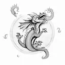 Dragon breathing fire with geometric patterns tattoo design idea