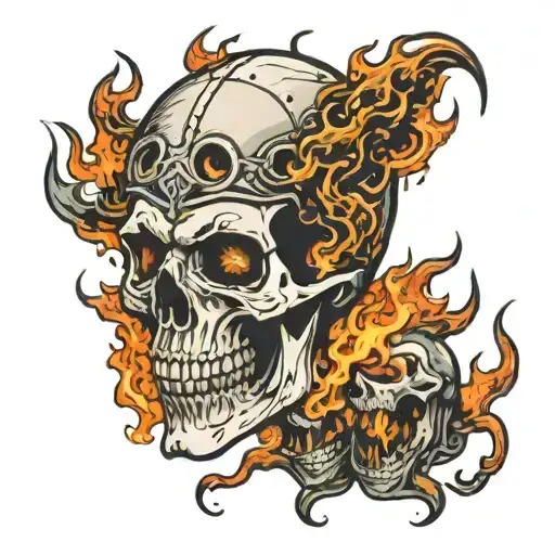 Broken skull with flames coming out top of head and glowing eyes with bowling pins for teeth  tattoo design idea