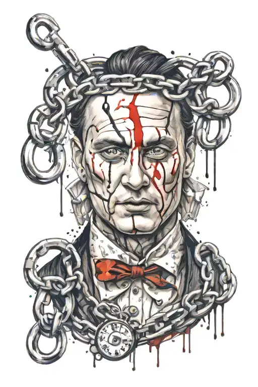 Illusionist, Escape act, creepy circus, handcuff, keys, lock, straightjacket, portret front houdini, face, ink splash,  tattoo design idea