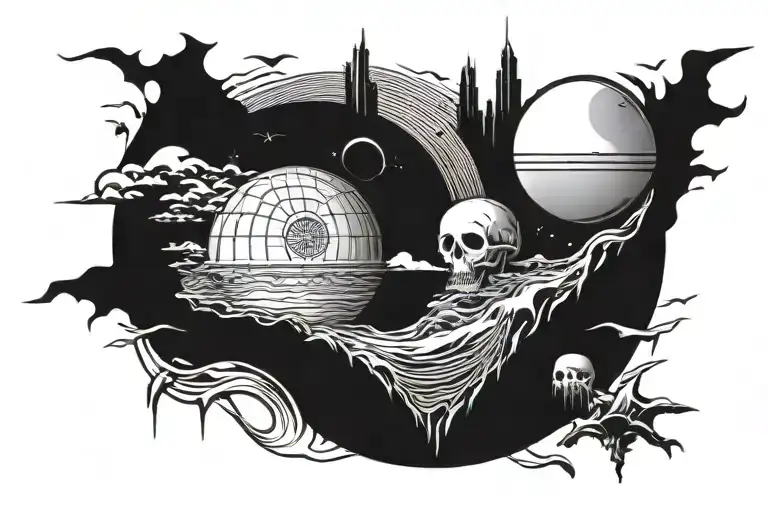 death star and ocean scene tattoo design idea