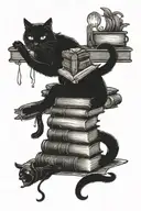 A haunted library filled with ghostly books and a black cat perched on a stack of spellbooks tattoo design idea