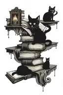 A haunted library filled with ghostly books and a black cat perched on a stack of spellbooks tattoo design idea