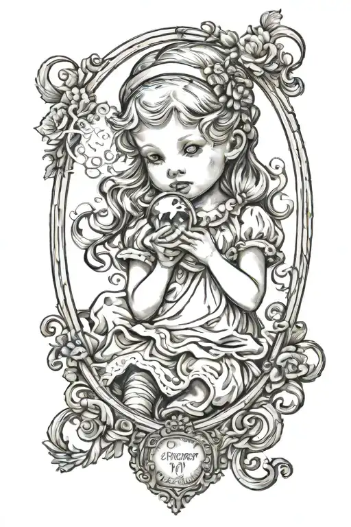 precious moments little girl blowing bubble in a antique oval fram tattoo design idea