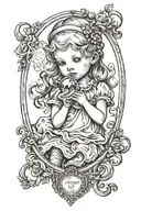 precious moments little girl blowing bubble in a antique oval fram tattoo design idea