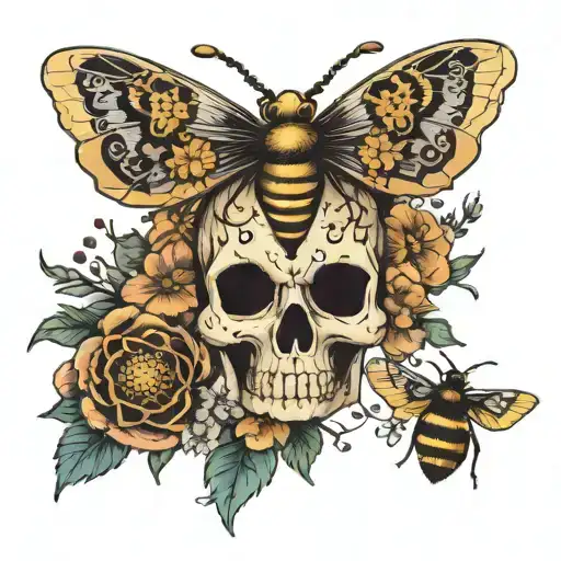 skull moth surrounded by flowers with bees flying tattoo design idea
