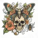 skull moth surrounded by flowers with bees flying tattoo design idea