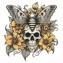 skull moth surrounded by flowers with bees flying tattoo design idea