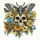 skull moth surrounded by flowers with bees flying tattoo design idea