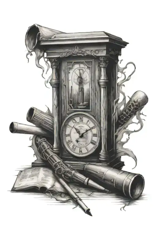 cricket stumps, camera, grandfather clock tattoo design idea