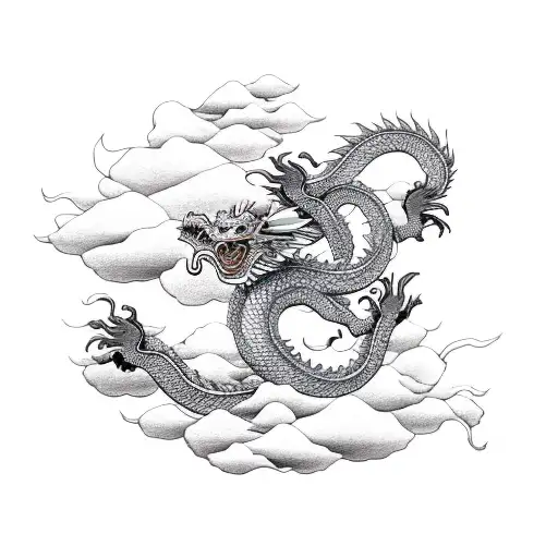 Japanese dragon with and monkey flying in the clouds  tattoo design idea