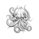 open seashell with pearl, octopus tentacles and trident  tattoo design idea