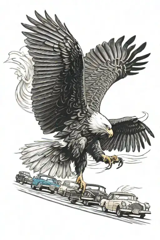 Craft a tattoo depicting a powerful American eagle flying over a highway with classic cars speeding below tattoo design idea