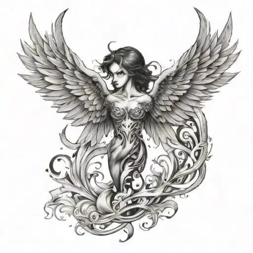 half angel half demon wings flying tattoo design idea