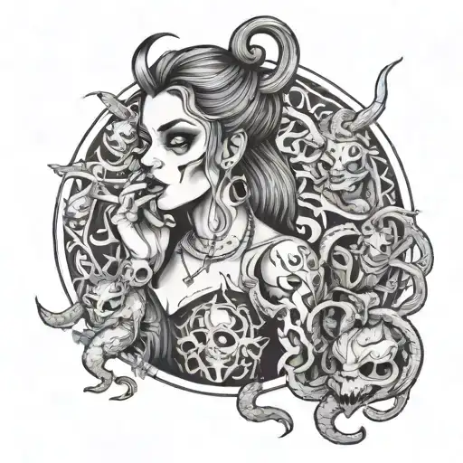 women smoking weed with demons tattoo design idea