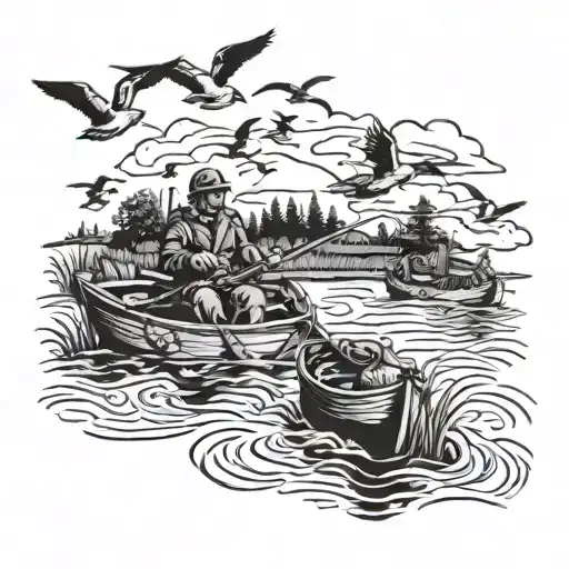 A detailed duck hunting scene with a hunter in a boat and ducks flying overhead tattoo design idea