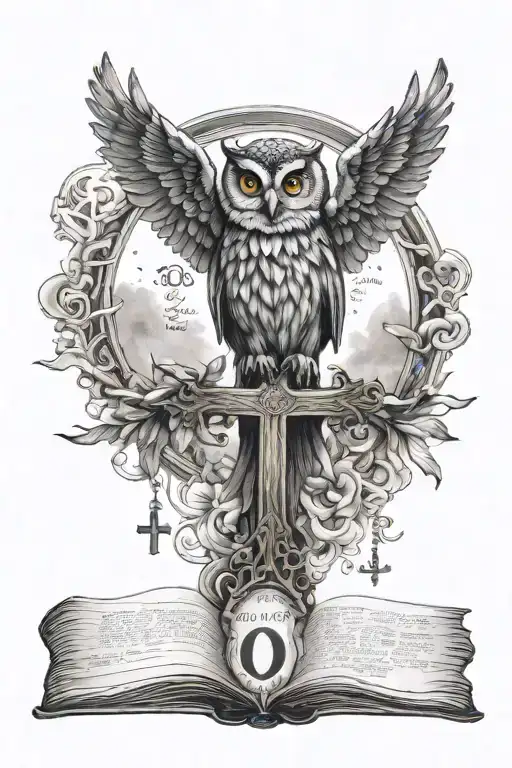 bible verse with a cross and a small owl and moon tattoo design idea