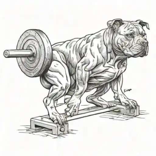 Highly detailed muscular pit bull squatting heavy weight on a barbell  tattoo design idea