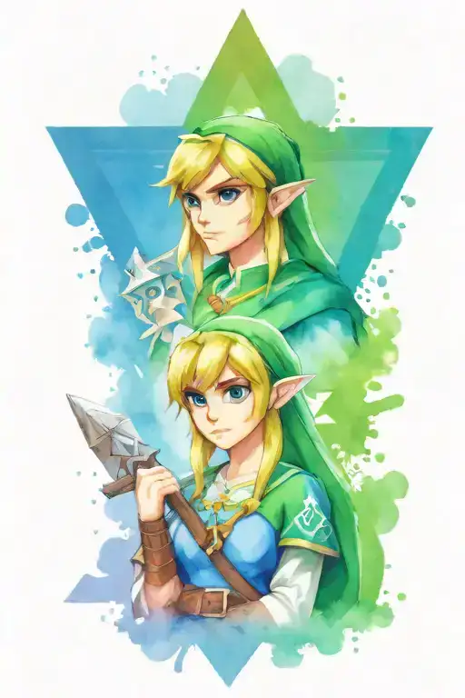 Nintendo zelda, link and shiekh busts triangle shaped tattoo design idea