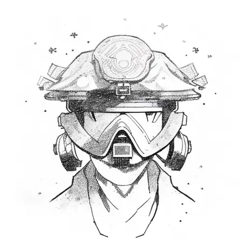 A military-themed anime character hiking through a blue mushroom-filled landscape tattoo design idea