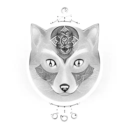 A blackwork tattoo of a cat and wolf intertwined in a yin-yang symbol tattoo design idea