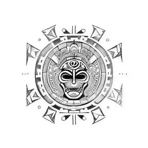 small tattoo in black and white of the Aztec calendar with a rey mystero mask in the center. tattoo design idea