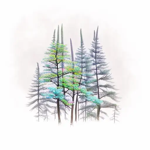 A whimsical forest scene with vibrant Peruvian lilies blooming among towering trees tattoo design idea