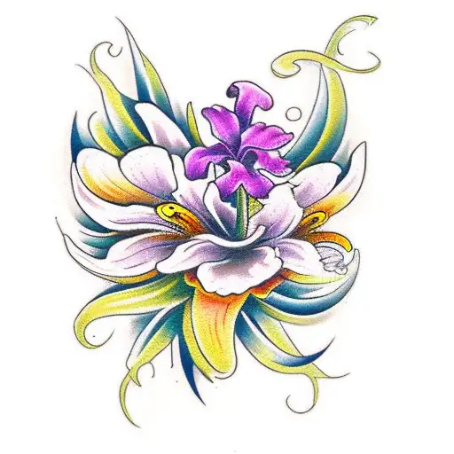 A traditional-style tattoo featuring a purple butterfly resting on a bouquet of Peruvian lilies tattoo design idea